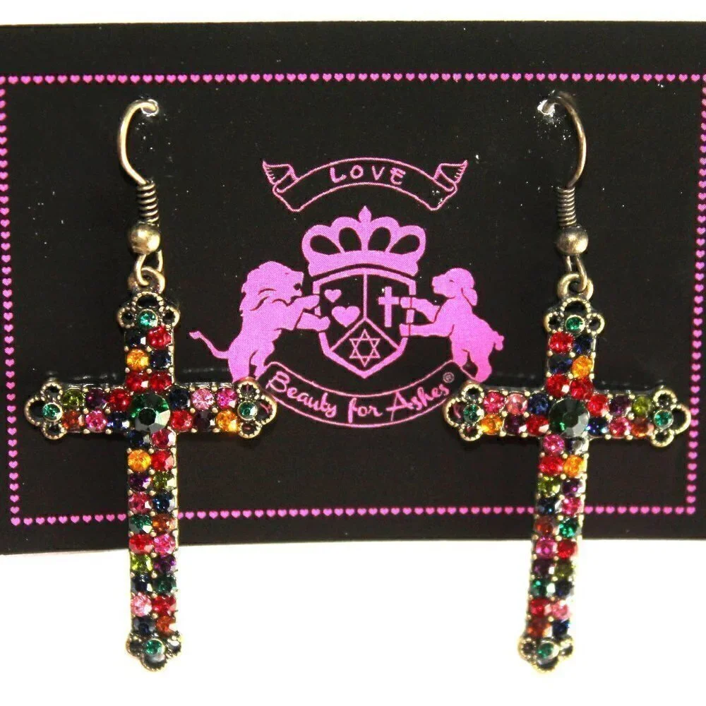 Multicolor Crystal Antique Goldtone Rustic Cross Earrings